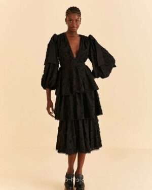 FARM TIO BLACK FLOWERS TIERED MIDI DRESS