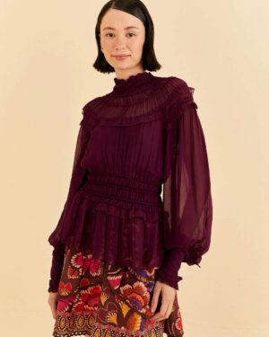 FARM RIO BURGANDY RUFFLE HIGH NECK BLOUSE
