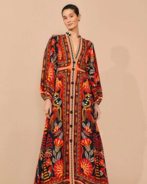 FARM RIO RED NATURE BEAUTY LONG SLEEVE MAXI DRESS
