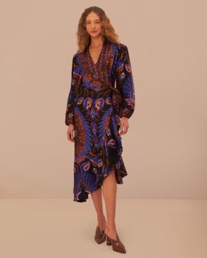 FARM RIO HEART FOREST L/S MIDI DRESS - BLACK