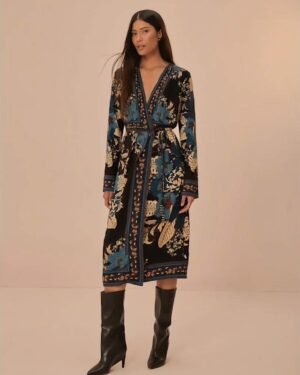FARM RIO BLOSSOM TAPESTRY L/S WRAP DRESS - BLACK