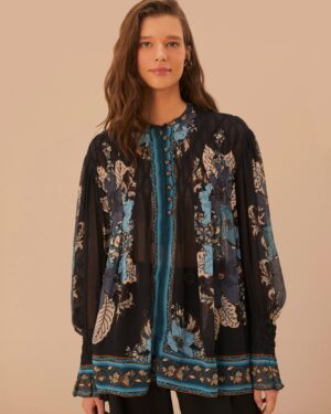 FARM RIO BLOSSOM TAPESTRY BEE SMOCKED BLOUSE BLACK