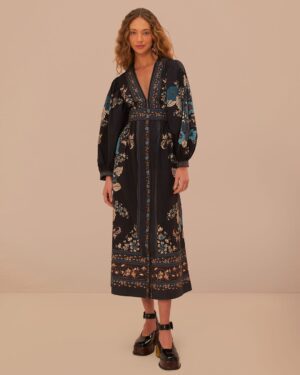 FARM RIO BLOSSOM TAPESTRY BLACK MIDI DRESS