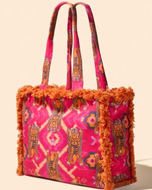 POWDER IKAT TIGERS FRINGED TOTE BAG FUCHSIA