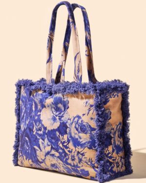 POWDER CHINA BLUE BLOOMS FRINGED TOTE BAG