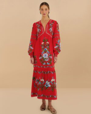 FARM RIO SWEET BLOOM MIDI DRESS RED
