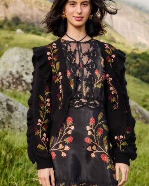 FARM RIO KNIT CARDIGAN BERRY EMROIDERY BLACK