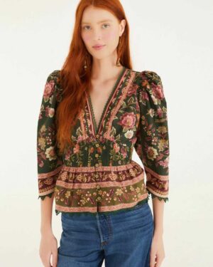 FARM RIO FLOWERING GARDEN TREE GREEN BLOUSE
