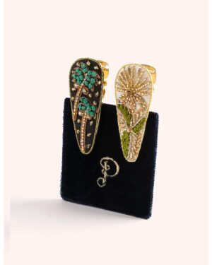 POWDER HAIR CLIPS MIDNIGHT TREES AND CHAMPAGNE FLOWER