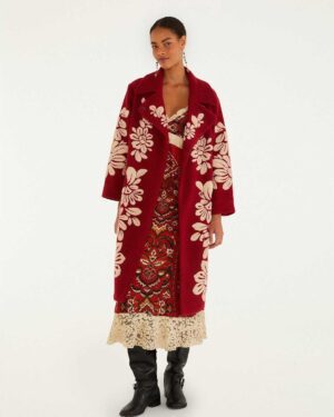 FARM RIO FLEECE COAT BOLD FLOWERS BURGANDY