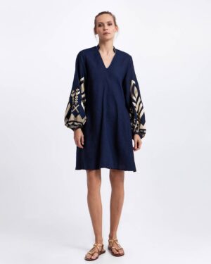 GREEK ARCHAIC DRESS MINI FEATHER V NECK NAVY/GOLD