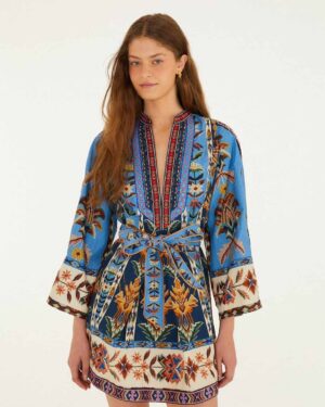 FARM RIO EMBROIDERED TAPESTRY ORGANIC COTTON MINI DRESS BLUE