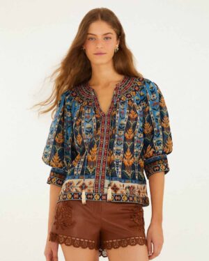 FARM RIO EMBROIDERED TAPESTRY TASSELS BLOUSE BLUE