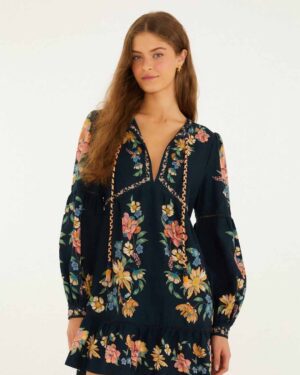 FARM RIO MAIRA FLORAL ECOVERO MINI DRESS DARK BLUE