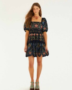 FARM RIO STITCHED GARDEN ORGANIC COTTON MINI DRESS NAVY BLUE