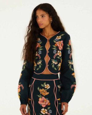 FARM RIO MAIRA FLORAL EUROFLAX PREMIUM LINEN TOP DARK BLUE