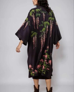 ARTEMIS MUSE EMBROIDERED LONG KIMONO VINTAGE WISTERA AND PEONY BLACK