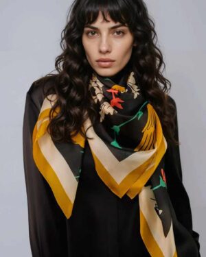 ARTEMIS MUSE SILK SCARF REGALS DOVES AND LIONS BLACK